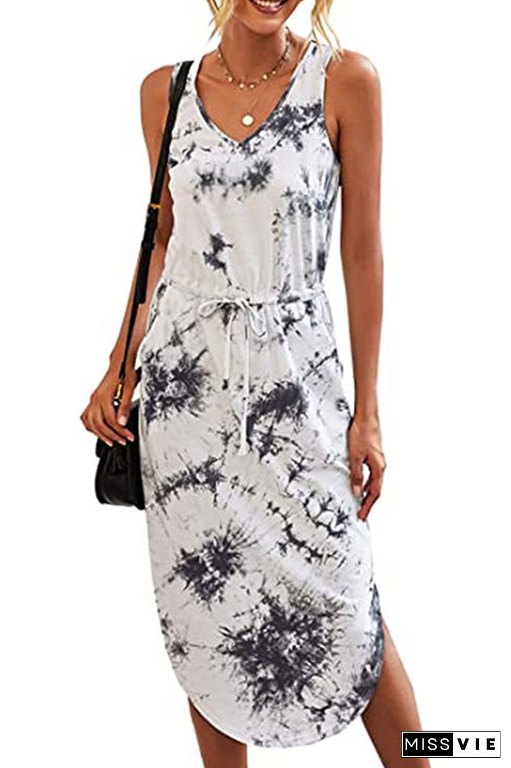 Printed Drawstring Sleeveless Dresses