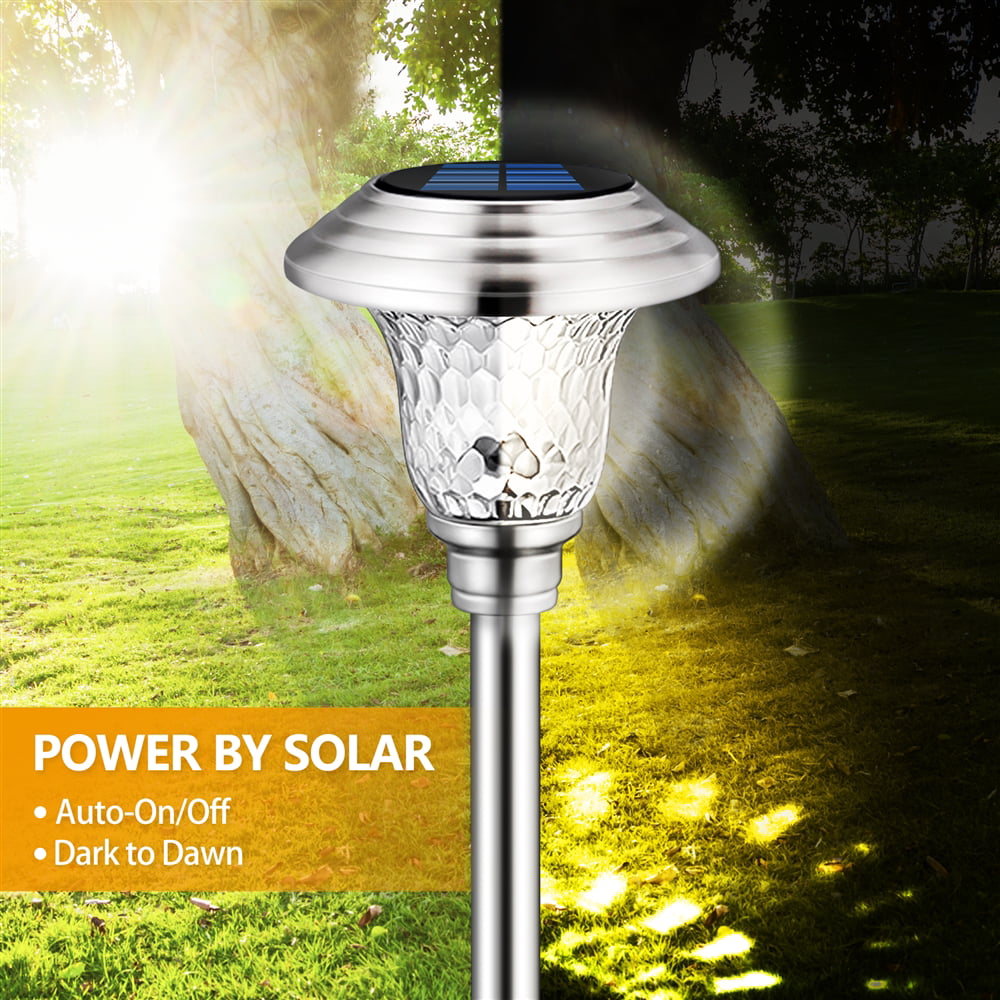 Solar Pathway Lights Outdoor， 4 Pack Decorative Solar Garden Lights Waterproof Glass Stainless Steel Auto-on/off Solar Landscape Lights for Lawn， Patio， Yard， Garden， Pathway， Driveway