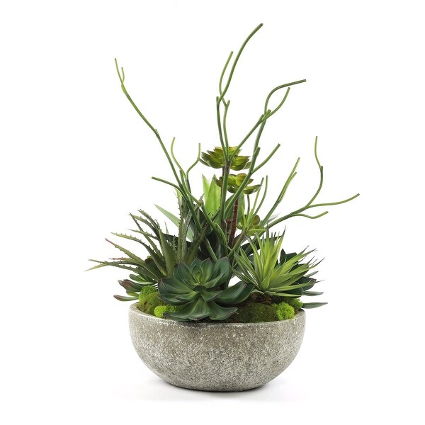 Faux Succulents and Agave Plant in Round Concrete Bowl