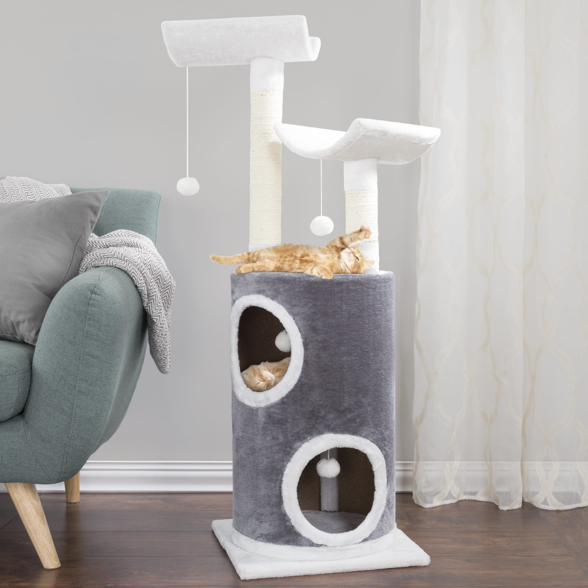 PETMAKER 5 Level Cat Tree Double Decker Condo with 4 Toys and 2 Scratching Posts in Gray， 44.75 H