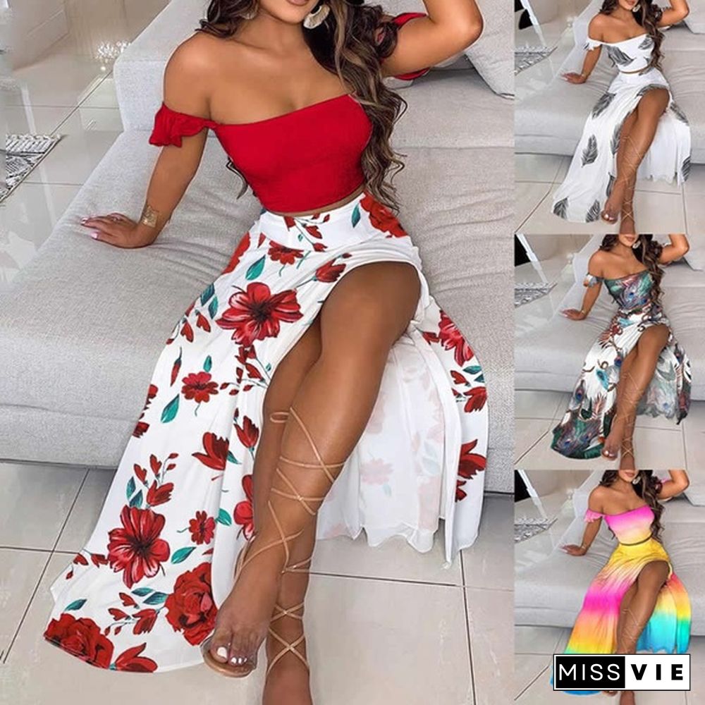 New Summer Women Dress Elegant Two Pieces Sets Offshoulder Flower Printed Skirt Split Party Dress Sexy Dress Set Suit Outfit Plus Size