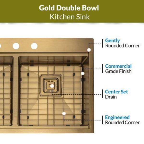 S STRICTLY KITCHEN + BATH TMR5050WS-Gold 16 Gauge Stainless Steel 33 in. Double Bowl Drop-In Workstation Kitchen Sink with Square Drains TMR5050WS-G