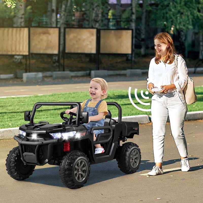 2-Seater Kids Ride On Car, 12V Battery Powered Off-Road UTV Dump Truck with Electric Dump Bed & Shovel