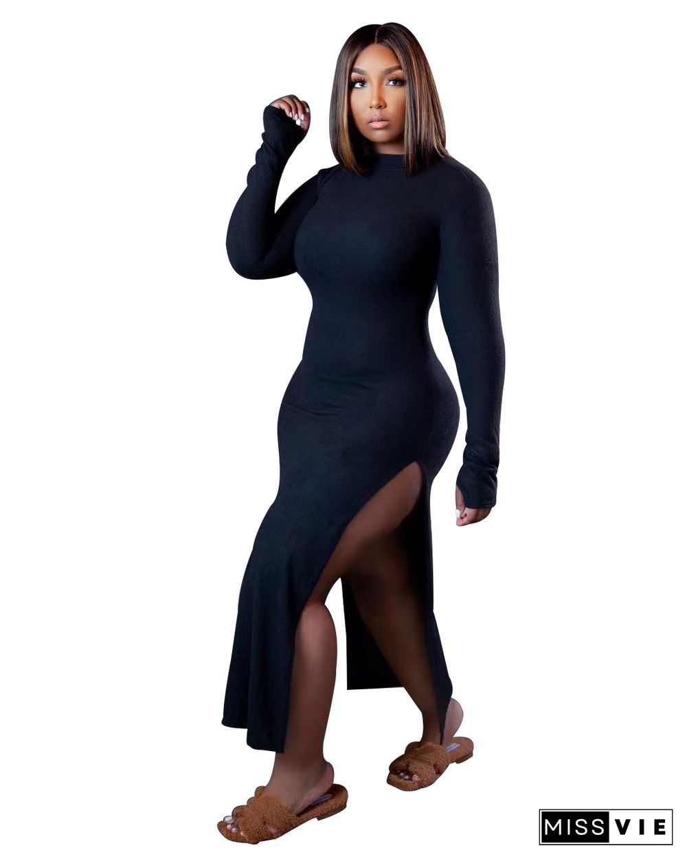 Plus Size Long Sleeve O Neck Sides Slit Maxi Dress