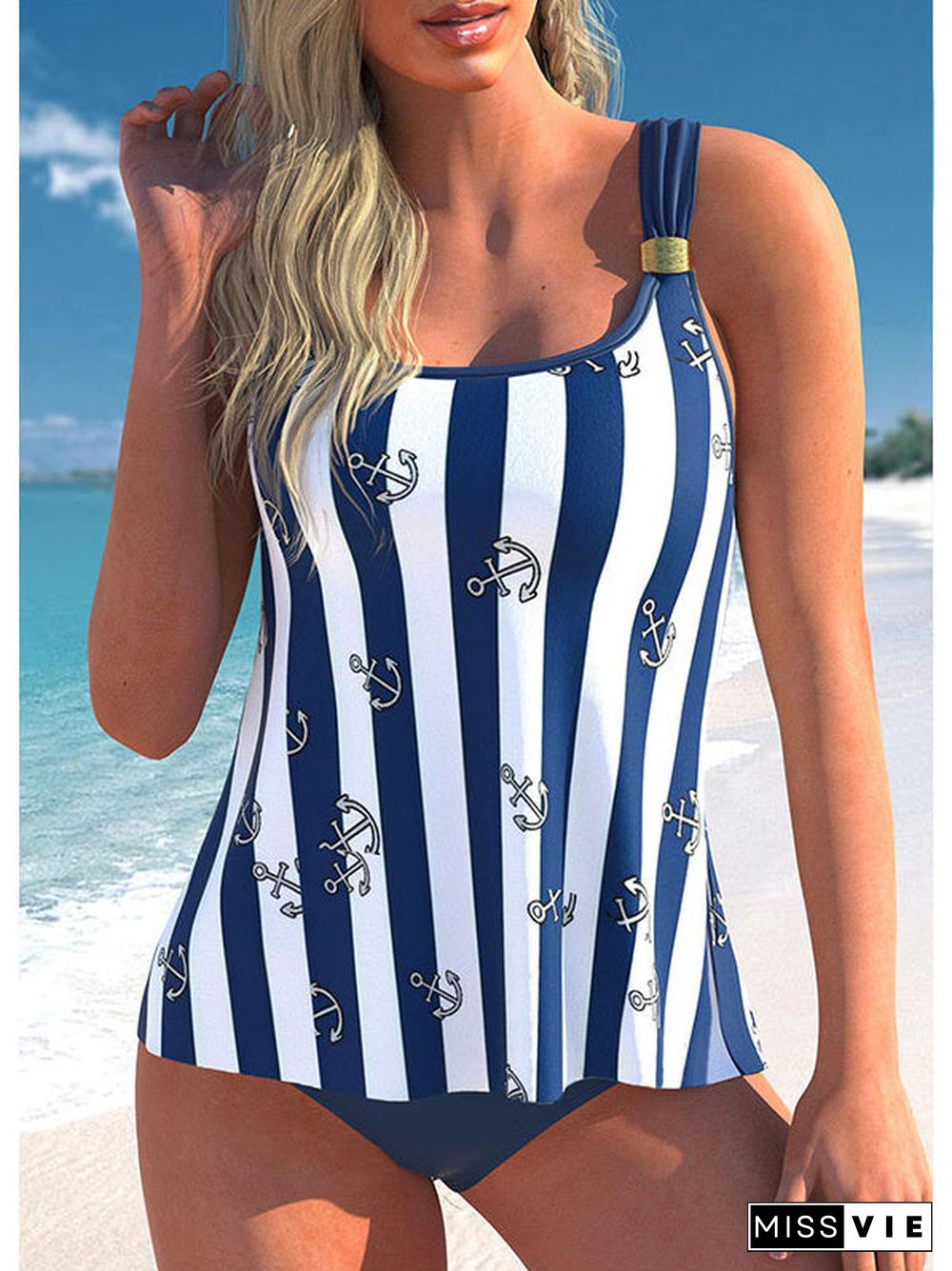 Women Strap Striped Graphic Tankini Set