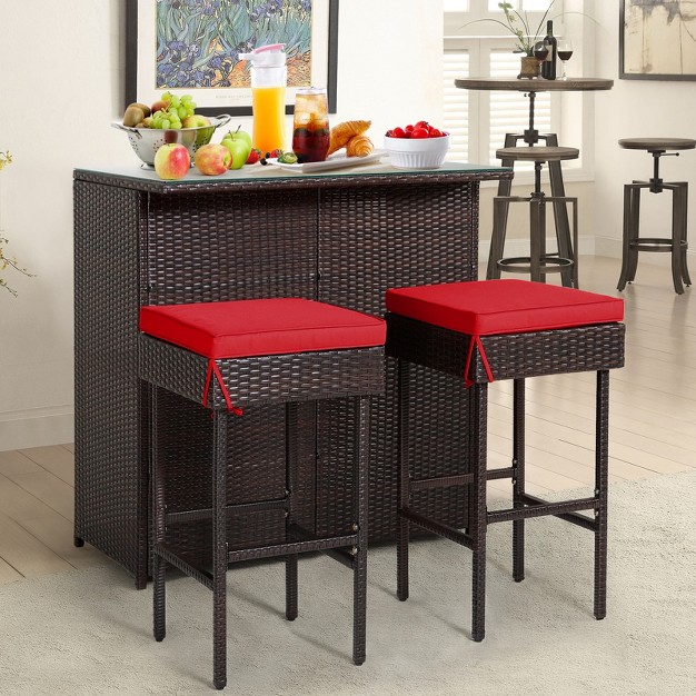 Tangkula 3pcs Patio Wicker Rattan Bar Set Table W 2 Red Cushioned Stools