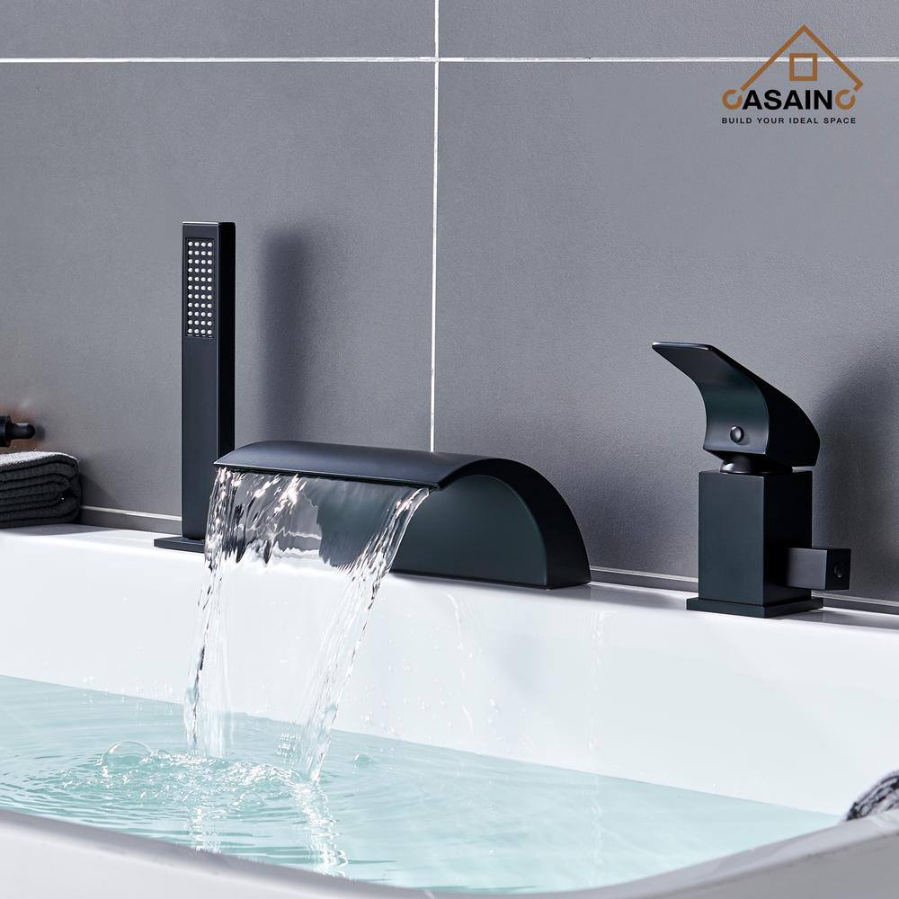 CASAINC Single-Handle Tub-Mount Roman Tub Faucet with Hand Shower in Matte Black WF5164HF-2BL