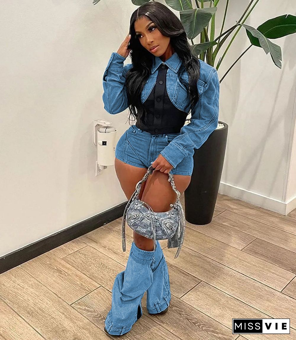 Denim Patchwork Jackets Shorts Two Piece Set