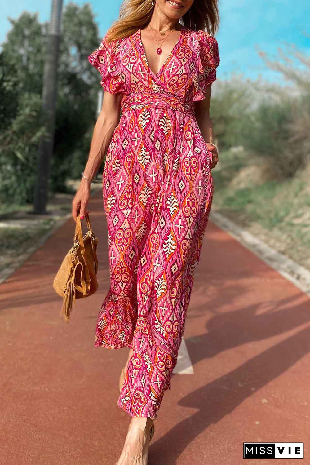 Rose Printed V Neck Button Open Back Wide Leg Jumpsuit