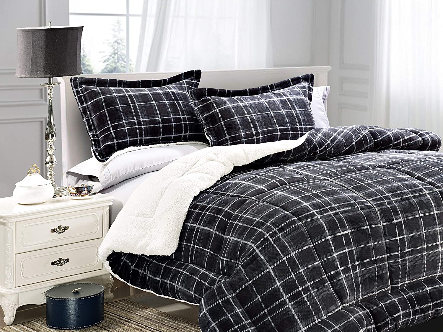 Softest Coziest Plaid Pattern Sherpa Premium Quality Down Alternative Micro-Suede 3-Piece Reversible Comforter Set