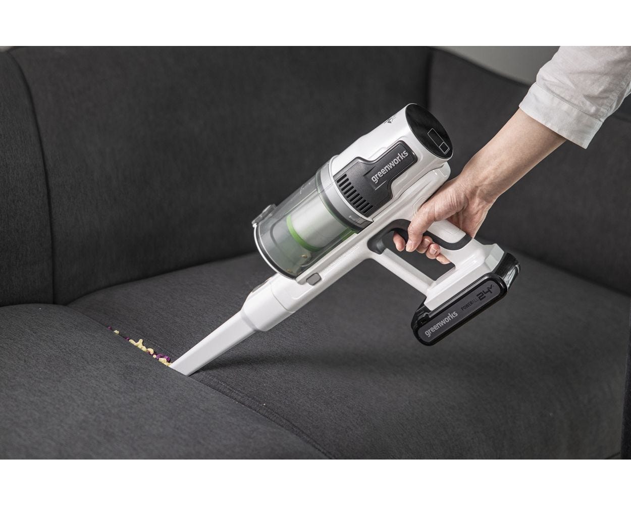 24V White Cordless Vacuum， Battery，  Charger | Greenworks Tools