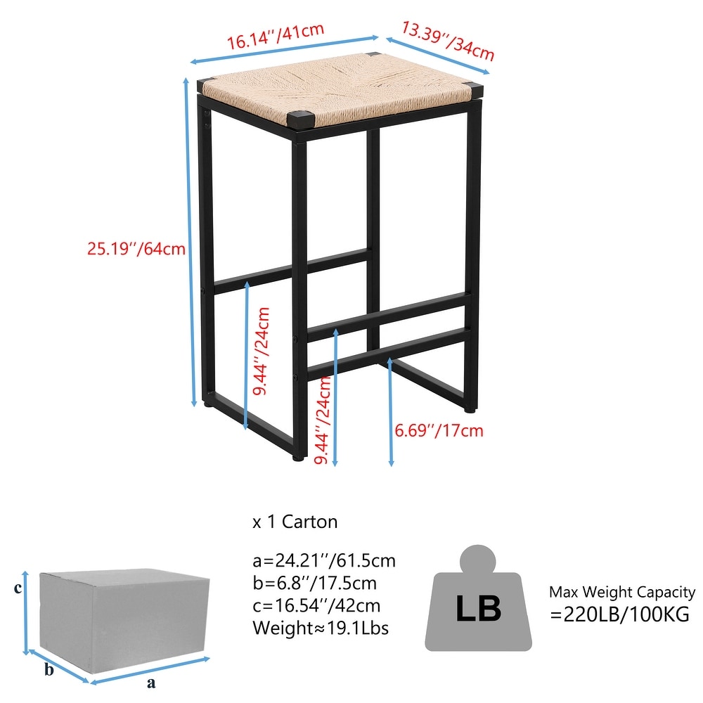 Backless Bar Stools Set of 2  Counter Height Dining Chairs with Paper Rope Woven Upholstered Seat and Black Metal Footrest