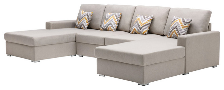 Nolan Linen Double Chaise Sectional Sofa With Pillows and Interchangeable Legs   Contemporary   Sectional Sofas   by Lilola Home  Houzz