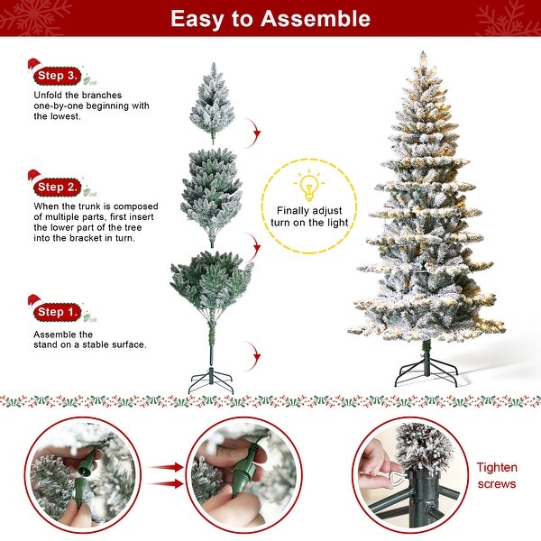 Glitzhome 7.5ft/9ft PreLit Flocked Slim Spruce Artificial Christmas Tree with Warm White Lights