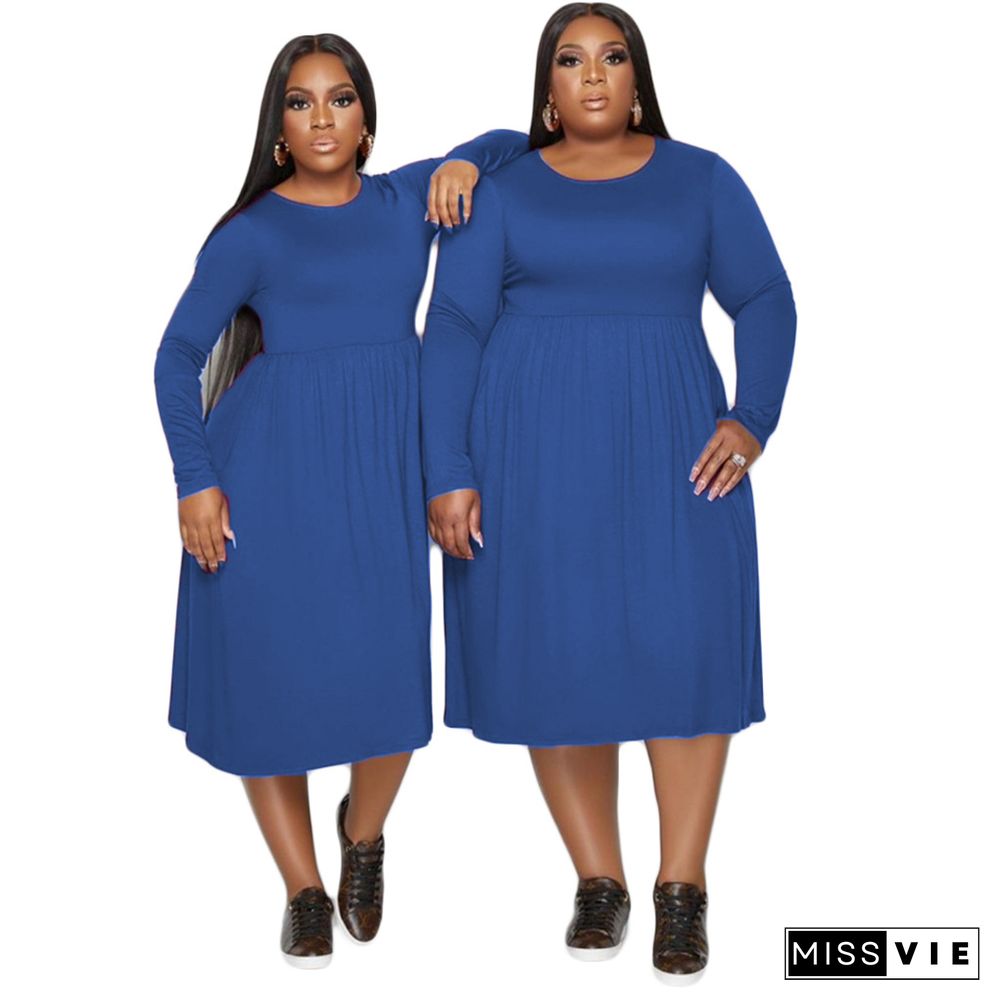 Solid Color Long Sleeve A Line Plus Size Dresses