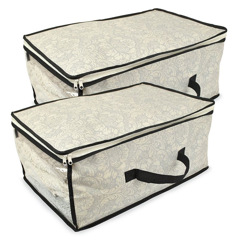 Set of 2 Gray Damask Patterned Soft Storage Bins with Zipper Closure 18