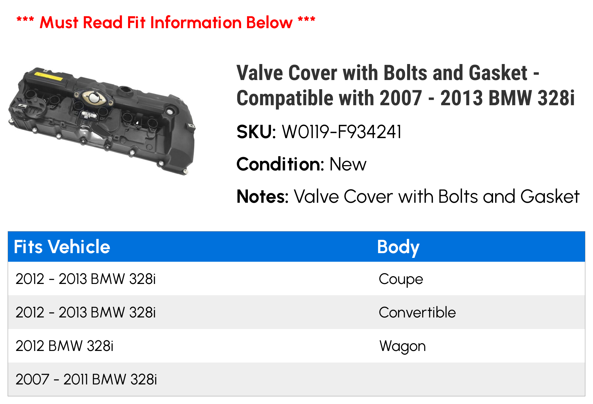 Valve Cover with Bolts and Gasket - Compatible with 2007 - 2013 BMW 328i 2008 2009 2010 2011 2012