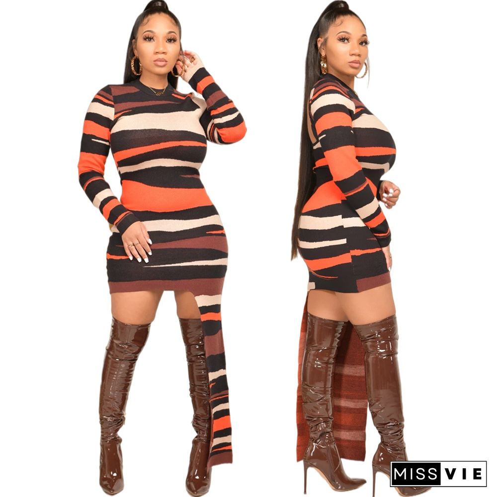 Striped Print Long Sleeve Irregular Bodycon Dress