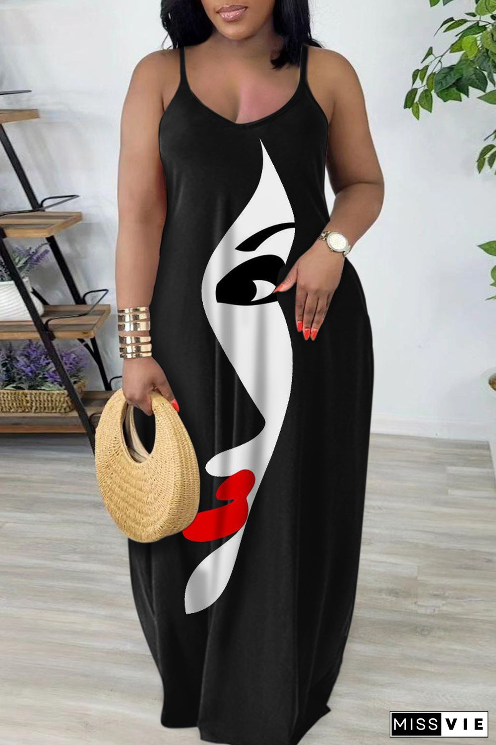 Black White Sexy Casual Print Backless Spaghetti Strap Long Dress Dresses