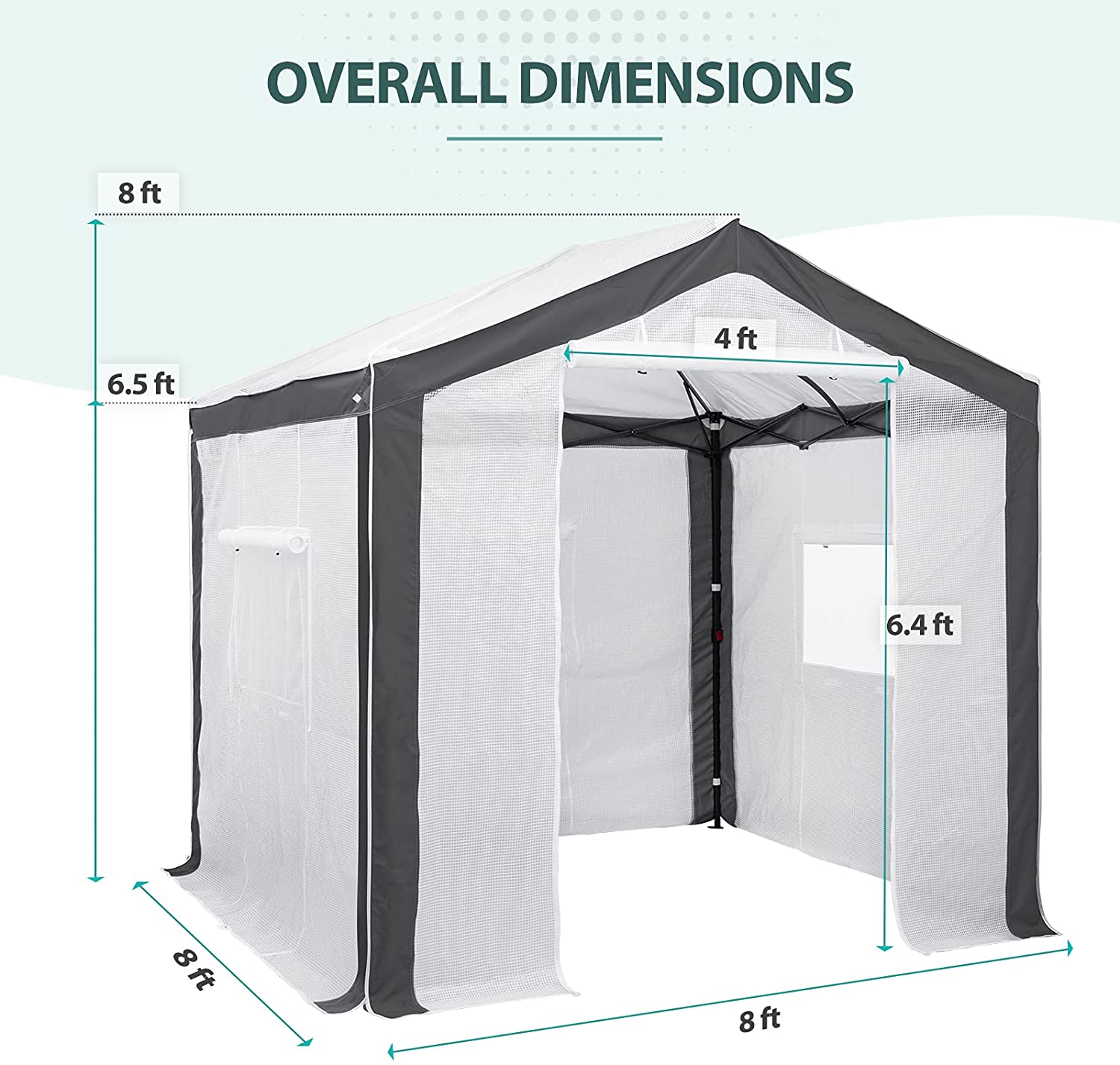 EAGLE PEAK 8 ' x 8 ' Portable Walk-in Greenhouse with Roll-up Zipper Entry Door and 3 Large Roll-Up Screen Windows, Instant Pop-up Easy Setup Indoor Outdoor Plant Gardening Green House, White