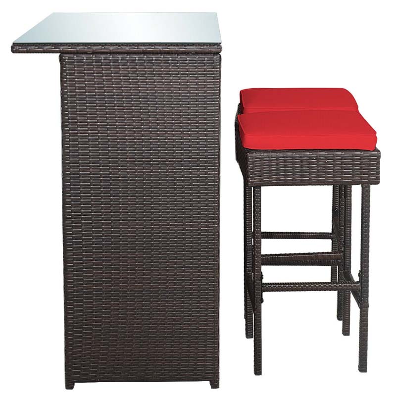 3 Pcs Rattan Patio Bar Dining Set Outdoor Counter Height Table Set with Cushioned Stools & Glass Top Table