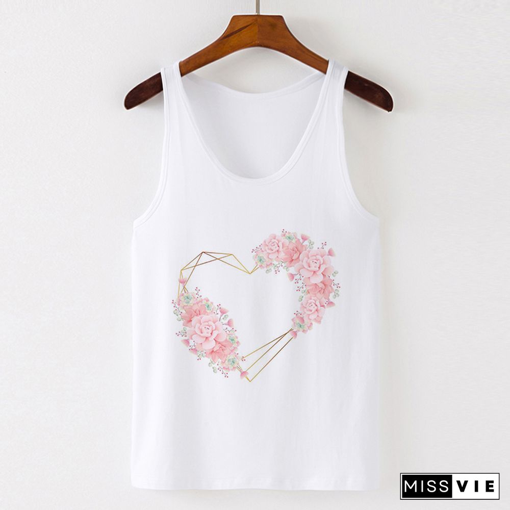 Summer Tank Tops Heart Flower Love Graphic Print Ladies Sexy Vest Camisole Women Tops Tee Tshirt Female Casual Loose Sleeveless