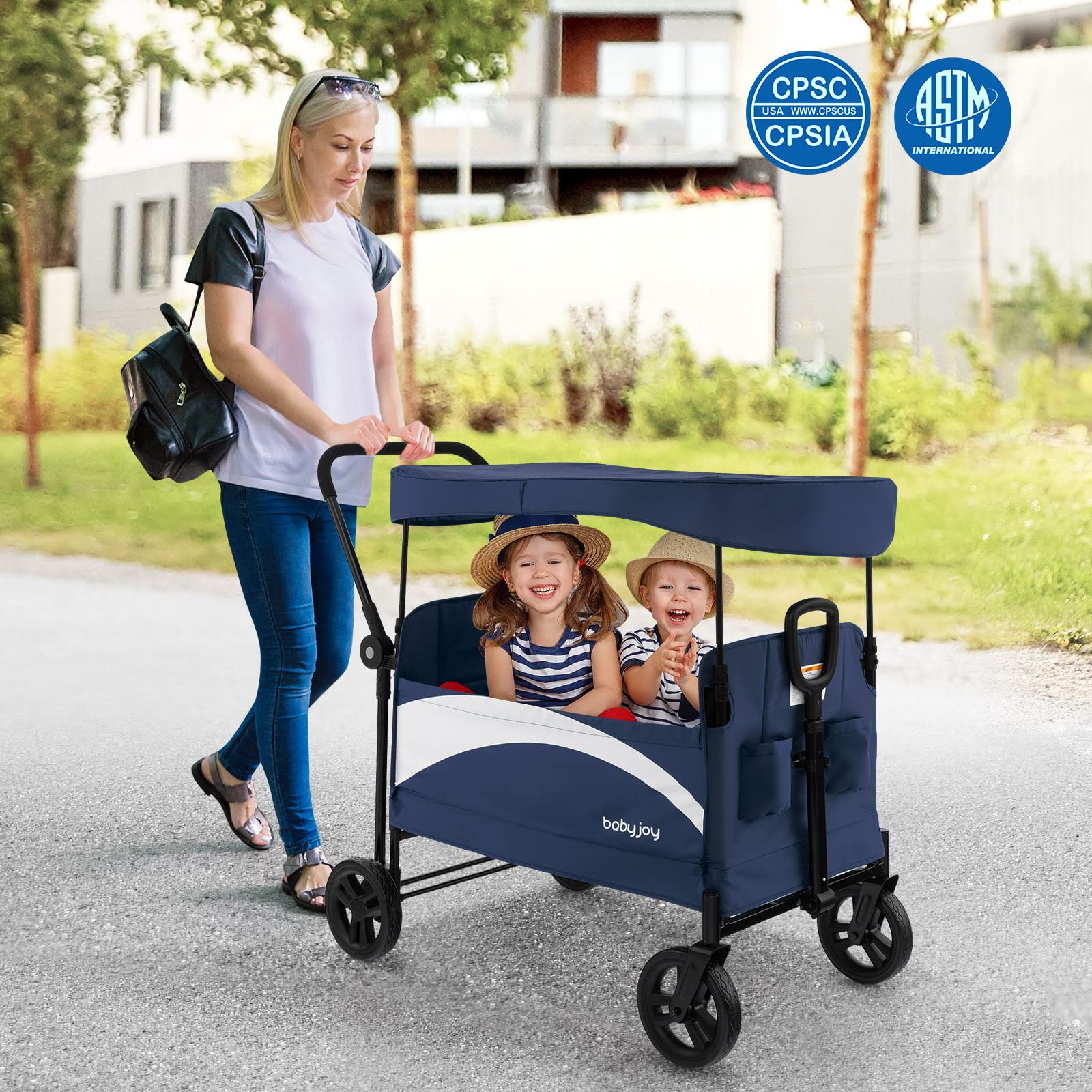 Collapsible Wagon Stroller for 2 Kids & Cargo, Push Pull Double Stroller