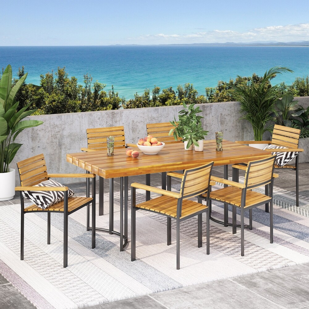 Crosby Outdoor Industrial 7 piece Acacia Wood Dining Set by Christopher Knight Home