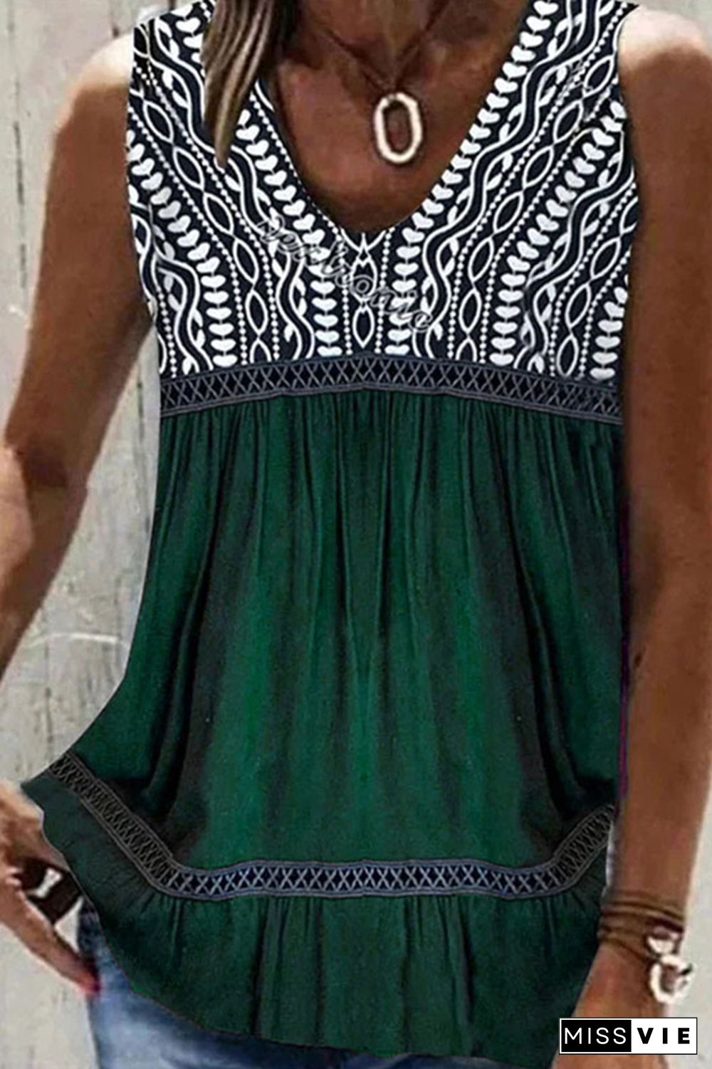 V Neck Color Block Printed Tank Top