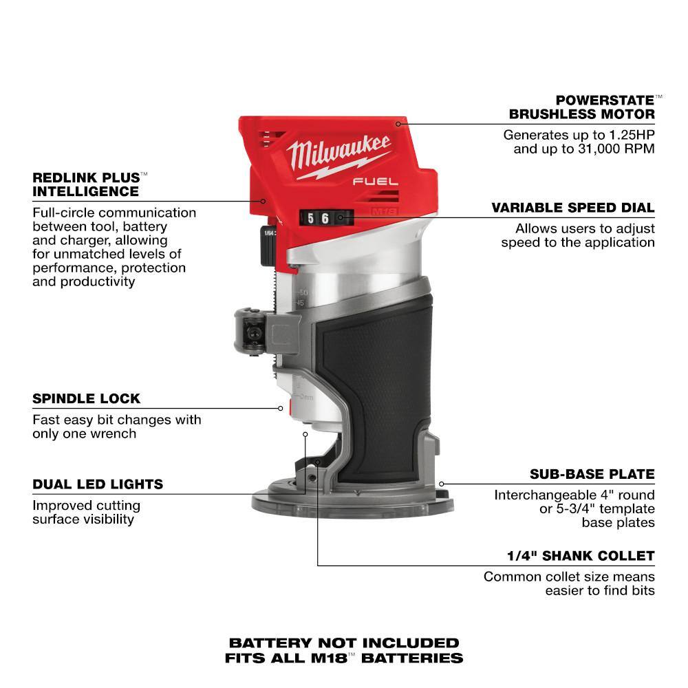 MW M18 FUEL 18-Volt Lithium-Ion Brushless Cordless Compact Router Jigsaw and Belt Sander 2723-20-2737-20-2832-20