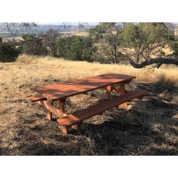 Outdoor 1905 Super Deck Finished 8 ft. Redwood Picnic Table with Attached Benches PTACHBB-8SC1905