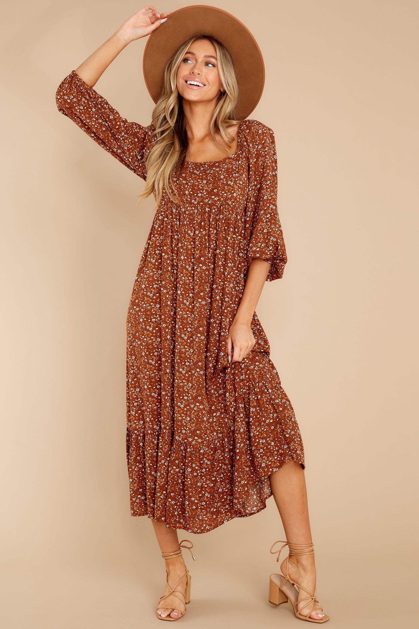 Sweet Sunset Camel Floral Print Midi Dress