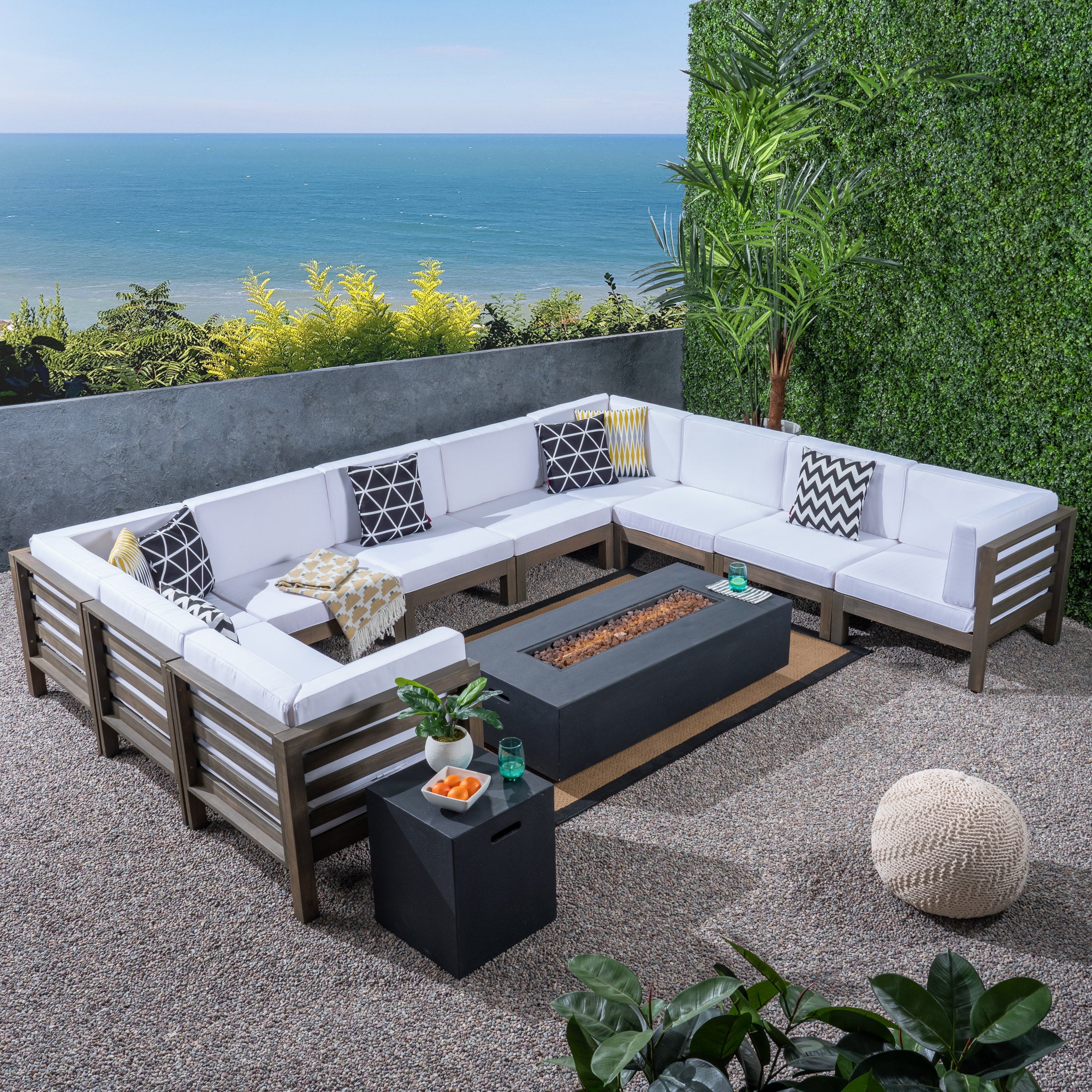 Ravello Outdoor 12 Piece U-Shaped Sectional Sofa Set with Fire Pit