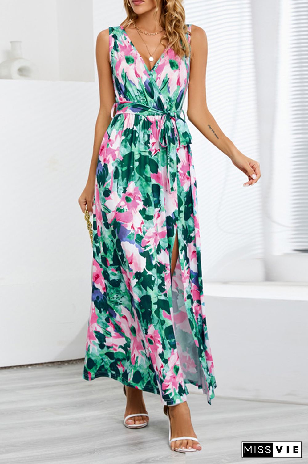 Wrap V Neck High Split Sleeveless Floral Maxi Dress