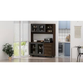 FUFUGAGA 63 in. L Brown Wood Buffet Sideboard Pantry Cabinet with 4-Drawers Hooks Open Shelves Doors for Kitchen Dining Room KF210128-023