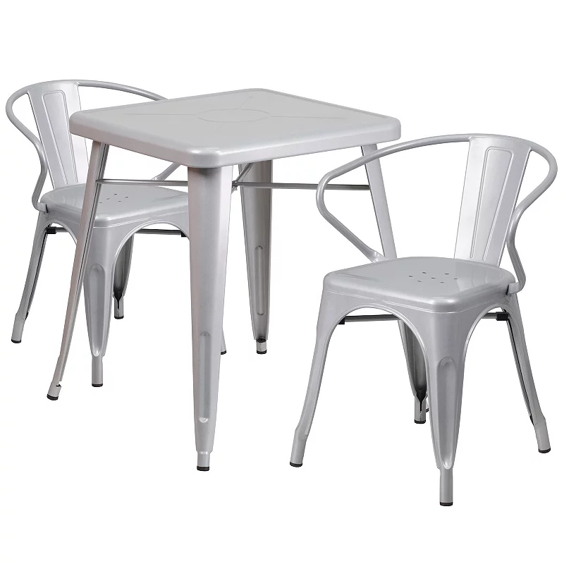 Flash Furniture Commercial Grade 23.75 Square Metal Indoor-Outdoor Table and Arm Chairs 3-Piece Set