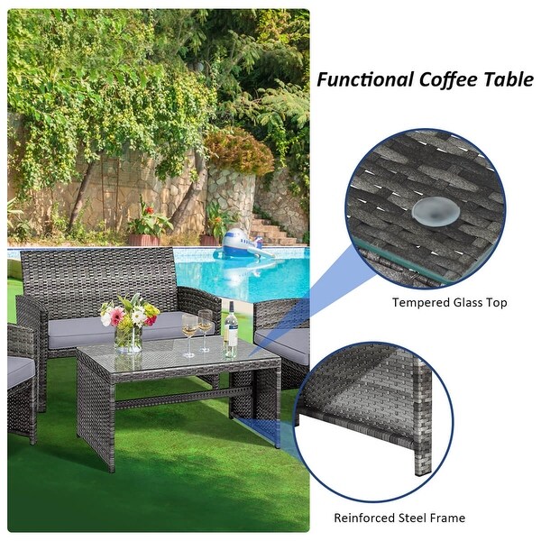 Costway 4PCS Patio Rattan Furniture Set Conversation Glass Table Top