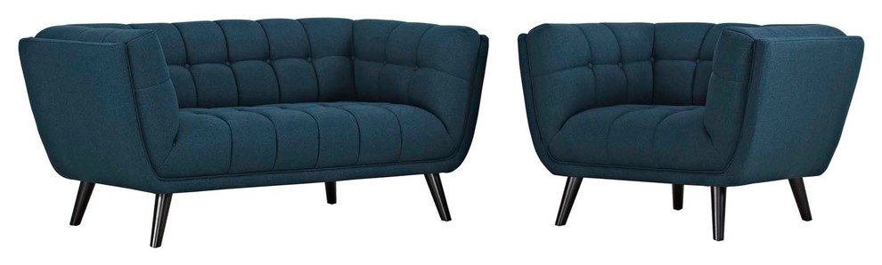 Bestow 2 Piece Upholstered Loveseat and Armchair Set  Blue   Midcentury   Living Room Furniture Sets   by Kolibri Decor  Houzz