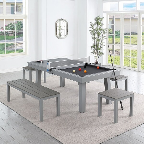 Newport Outdoor Patio 7ft Slate Pool Table 6Seater Dining Set with 4 Benches and Accessories，Cement Finish