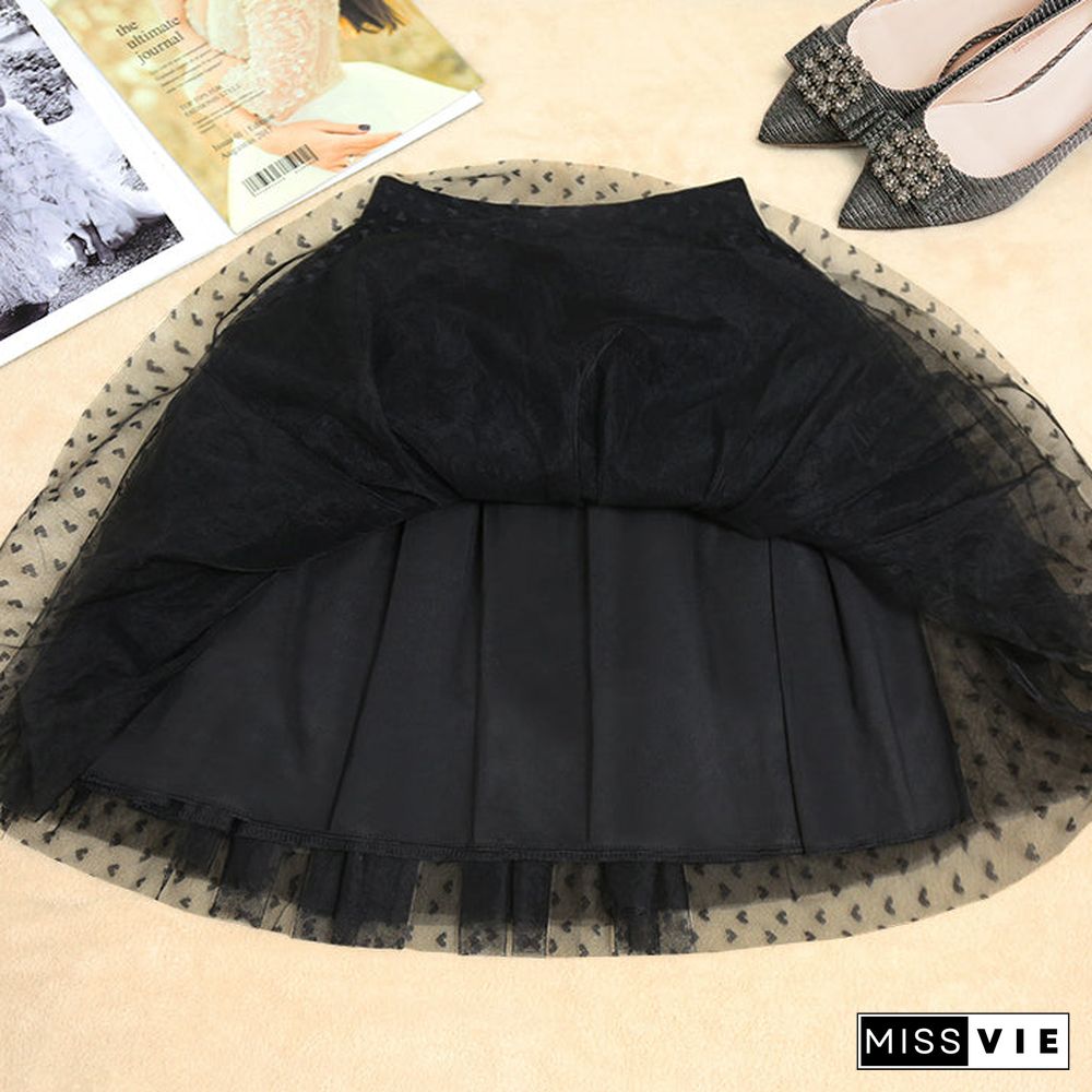 Women Black Dot tulle Box Pleats Skirts Summer