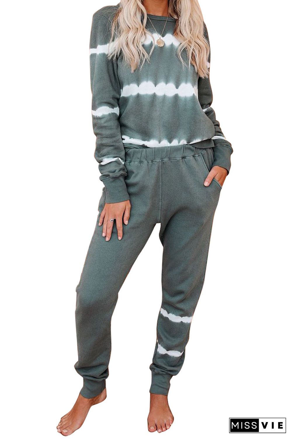 Army Green Tie-dye Stripes Pullover Top and Pants Lounge Set