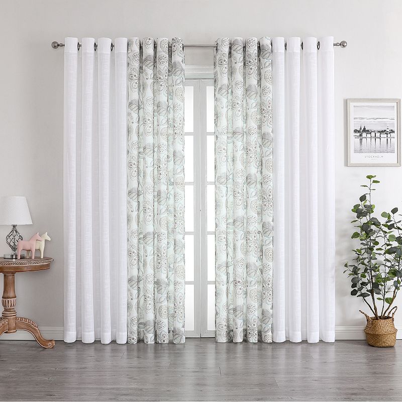 Kate Aurora Biscayne Bay Floral 4 Piece Coordinating Deluxe Flax Styled Sheer Grommet Top Curtains