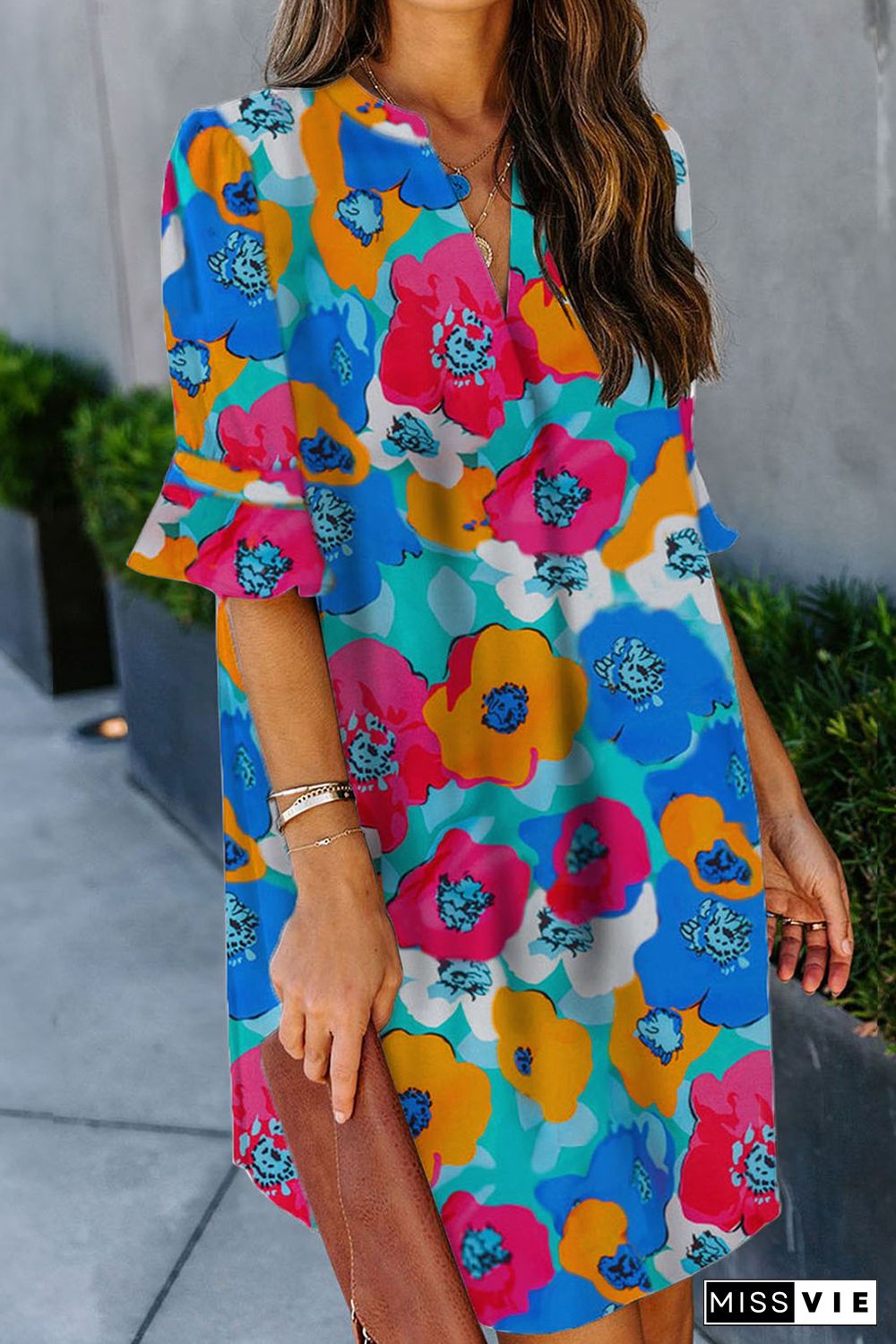 Multicolor Split V Collar Ruffle Sleeve Floral Shift Dress