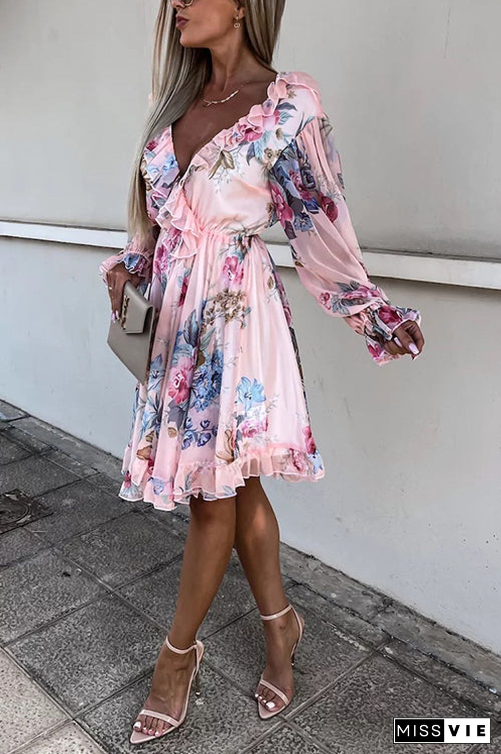 Ruffles Floral V Neck Long Sleeve Mini Dress