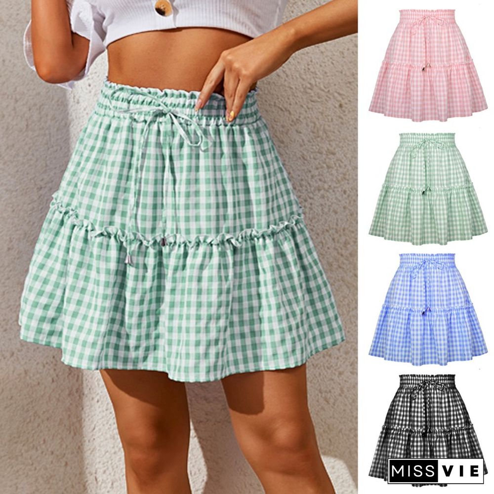 Casual Skirts Women Summer Skirt New Smocked Elastic Waist Lace-up Vintage Plaid Print Mini Skirt For Office Lady