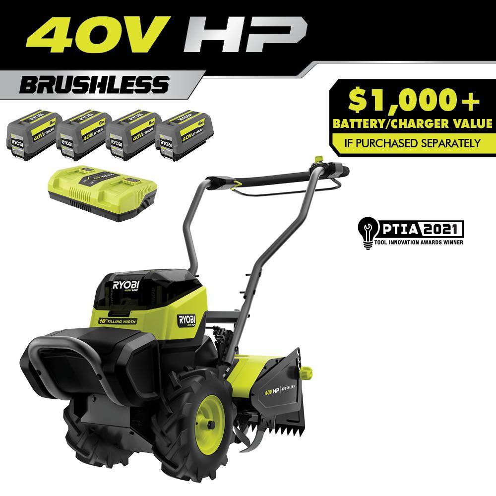 RYOBI 40V HP Brushless 18 in. Battery Powered Rear Tine Tiller with (4) 6.0 Ah Batteries and Charger RY40720