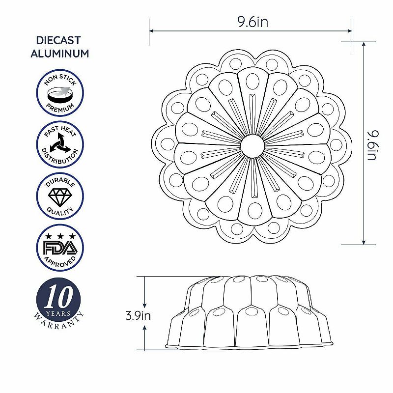 Baker's Secret Fluted Cake Pan， Cast Aluminum 2 Layers Nonstick Coating (Marquise)