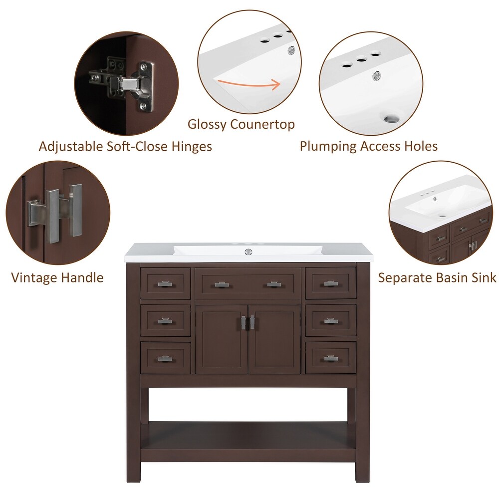 36'' Bathroom Vanity with Top Sink  Modern Bathroom Storage Cabinet with 2 Doors and 6 Drawers  Single Sink Bathroom Vanity