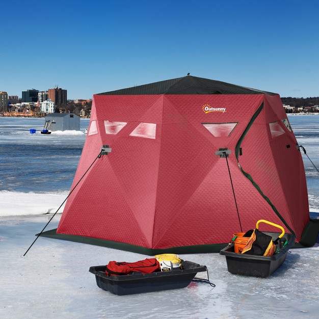 Outsunny 4 Person Insulated Ice Fishing Shelter 360 degree View Pop up Portable Ice Fishing Tent With Carry Bag Two Doors And Anchors Red