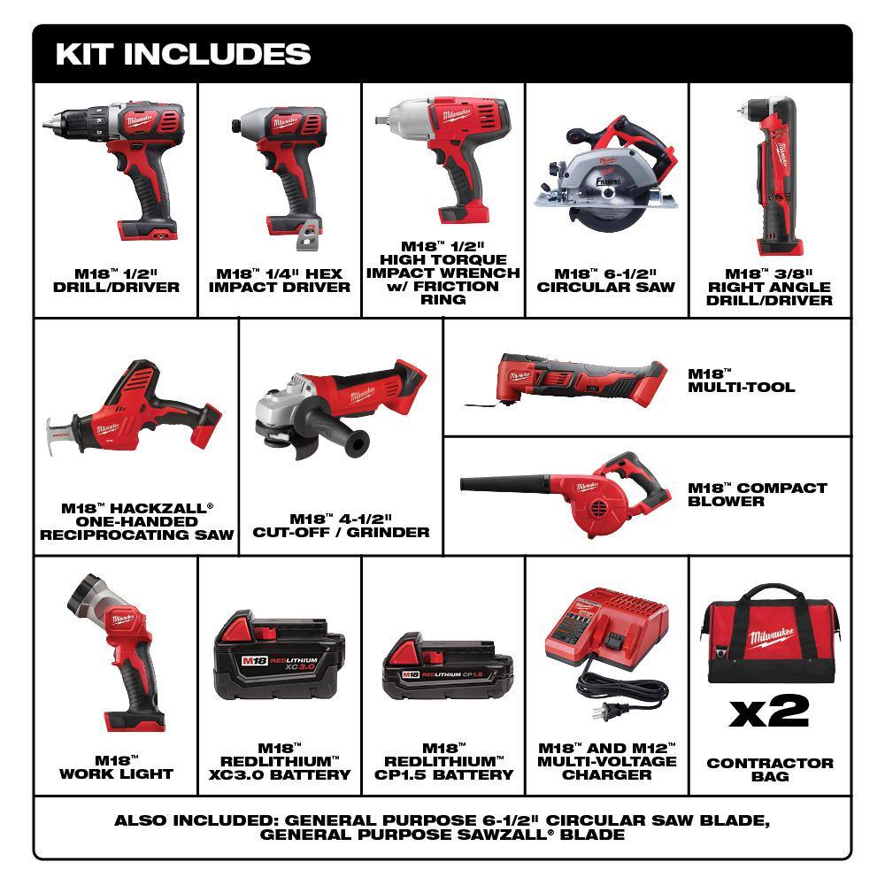 MW M18 18V Lithium-Ion Cordless Combo Kit (10-Tool) with (2) Batteries Charger and (2) Tool Bags 2695-10CX